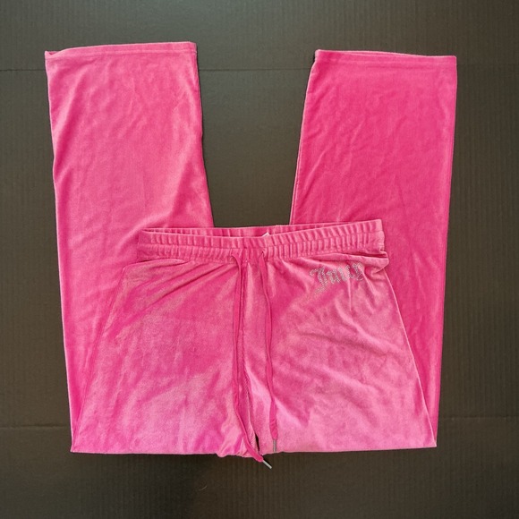 Juicy Couture Velour Pants Bling Logo Drawstring Loungecore Hot Pink Y2K Large - Picture 1 of 6
